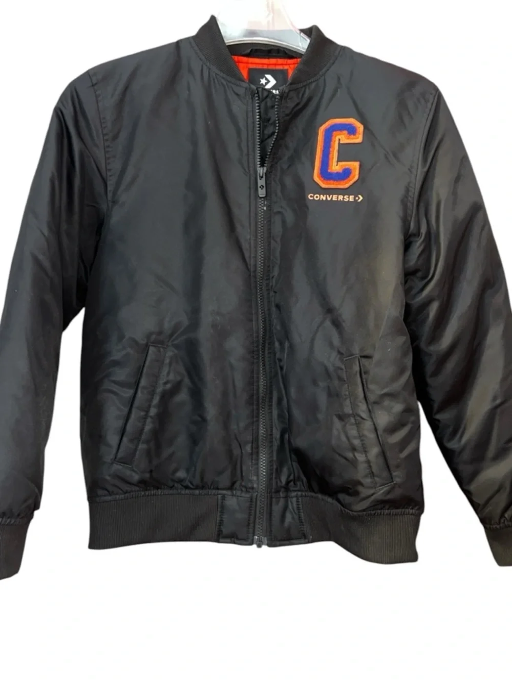 Converse Kids Black Puffer Jacket with Orange & Blue 'C' Patch L